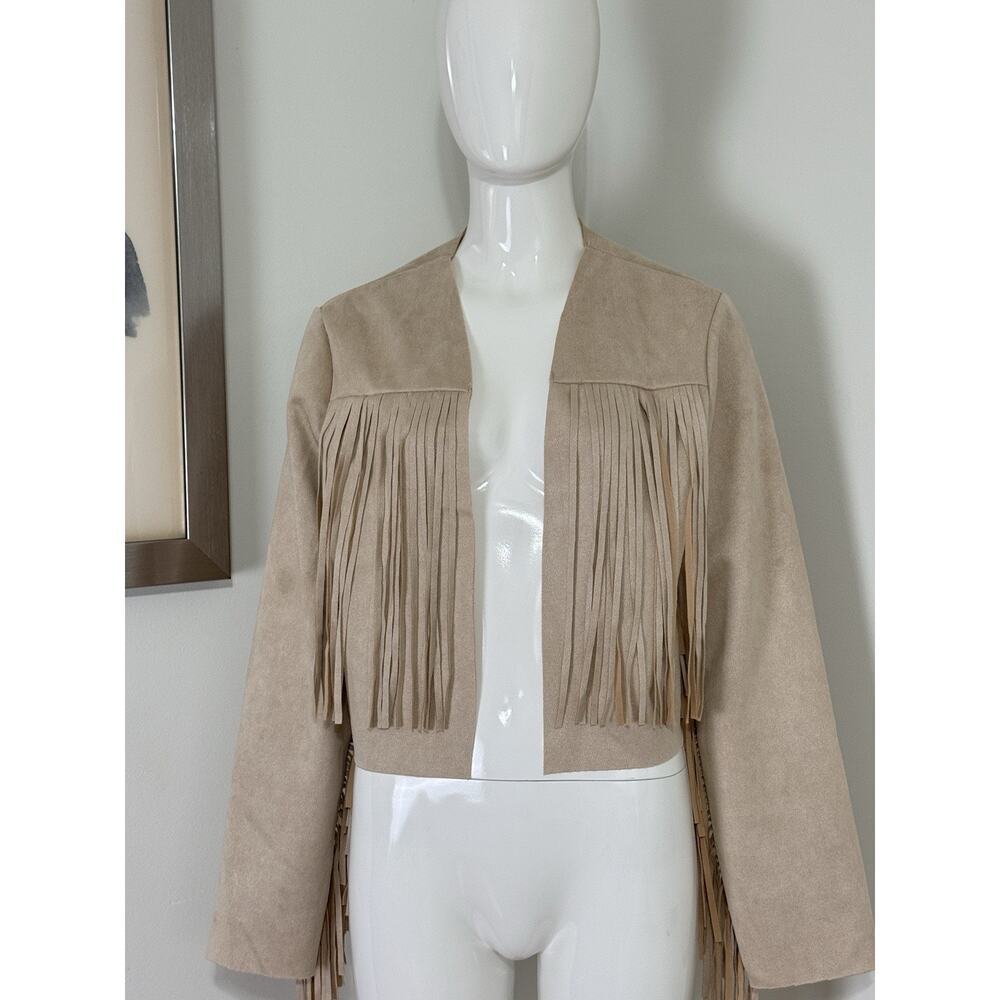 Women’s Boho Western Fringe Faux Suede Jacket Beige Festival Cowgirl Size L - Picture 2 of 13